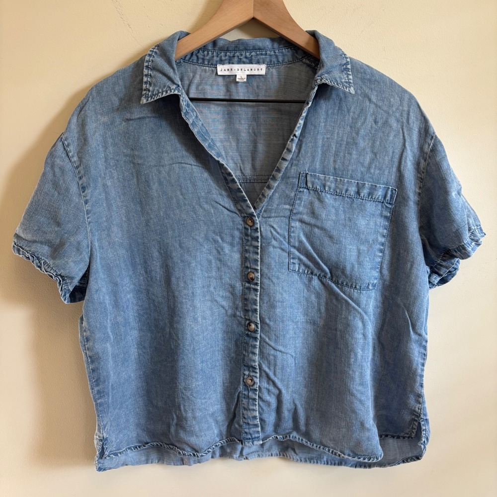 Jane + Delancey Womens Large Light Wash Lyocell Short Sleeve Button Down Shirt